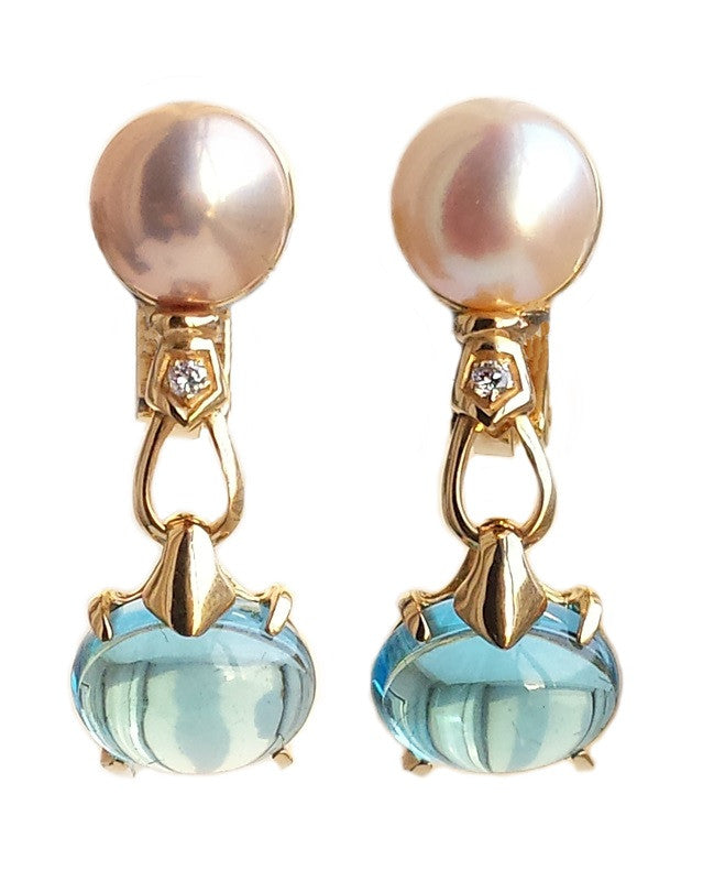 Bulgari 18k yellow gold earrings with high quality 9mm cultured pearls, diamonds and cabochon topaz