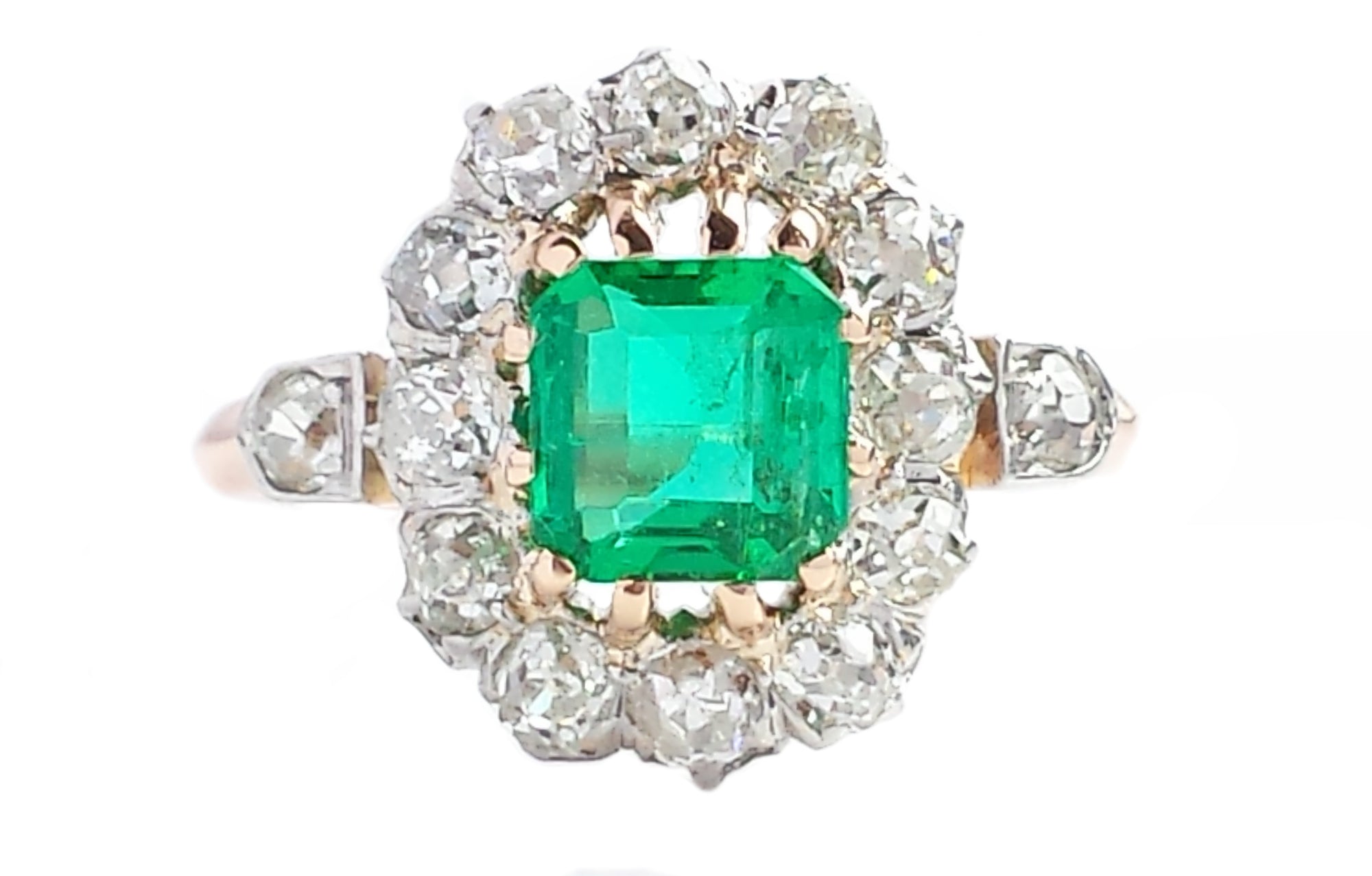 Antique French Emerald & Old Cut Diamond Cluster Engagement Ring