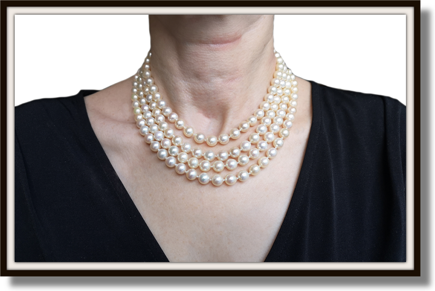 Vintage 1950s 4 Row Akoya Cultured Pearl Graduated Hand knotted Necklace