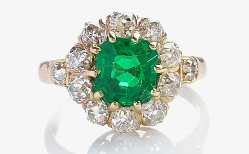 Antique 19th Century Colombian Emerald Old Mine Cut Diamond Engagement Ring