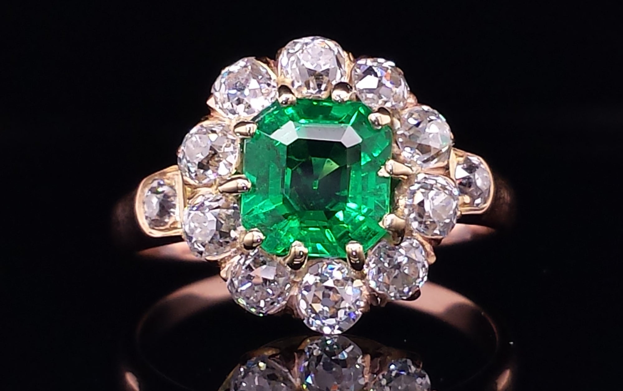 Colombian Emerald & Old Mine Cut Diamond Engagement Ring