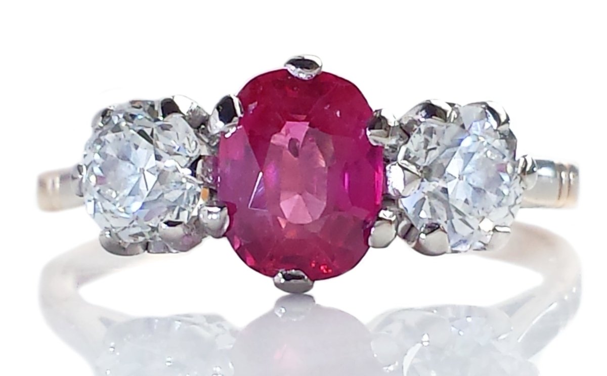 Antique 3 - Stone 1.45tcw Burmese Ruby & Old Cut Diamond Engagement Ring - Bloomsbury Manor Ltd