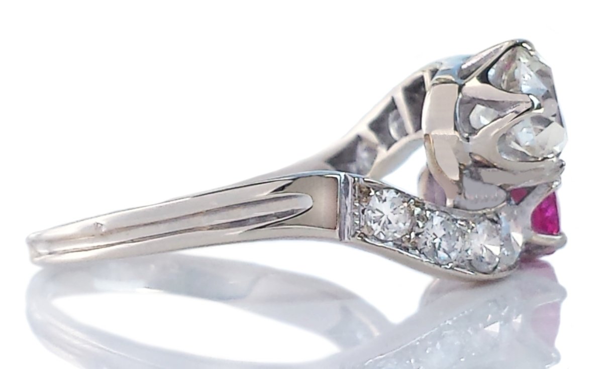 Antique Edwardian 2.10tcw Old European Cut Diamond & Ruby Toi et Moi Ring - Bloomsbury Manor Ltd