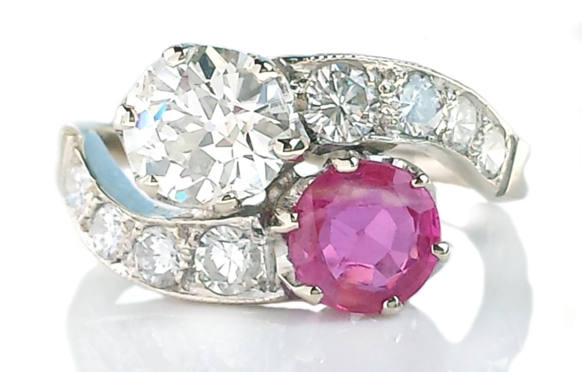 Antique Edwardian 2.10tcw Old European Cut Diamond & Ruby Toi et Moi Ring - Bloomsbury Manor Ltd