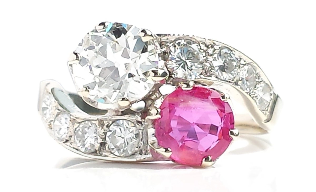 Antique Edwardian 2.10tcw Old European Cut Diamond & Ruby Toi et Moi Ring - Bloomsbury Manor Ltd