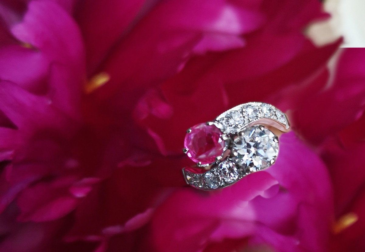 Antique Edwardian 2.10tcw Old European Cut Diamond & Ruby Toi et Moi Ring - Bloomsbury Manor Ltd