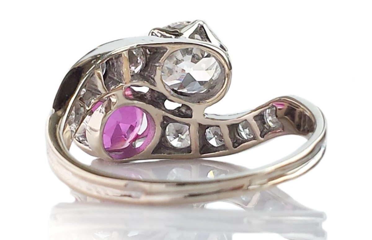 Antique Edwardian 2.10tcw Old European Cut Diamond & Ruby Toi et Moi Ring - Bloomsbury Manor Ltd