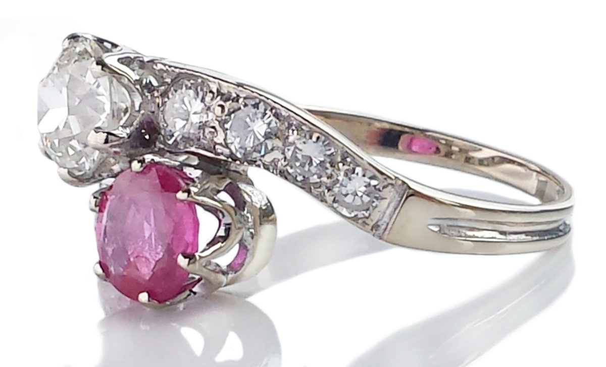 Antique Edwardian 2.10tcw Old European Cut Diamond & Ruby Toi et Moi Ring - Bloomsbury Manor Ltd