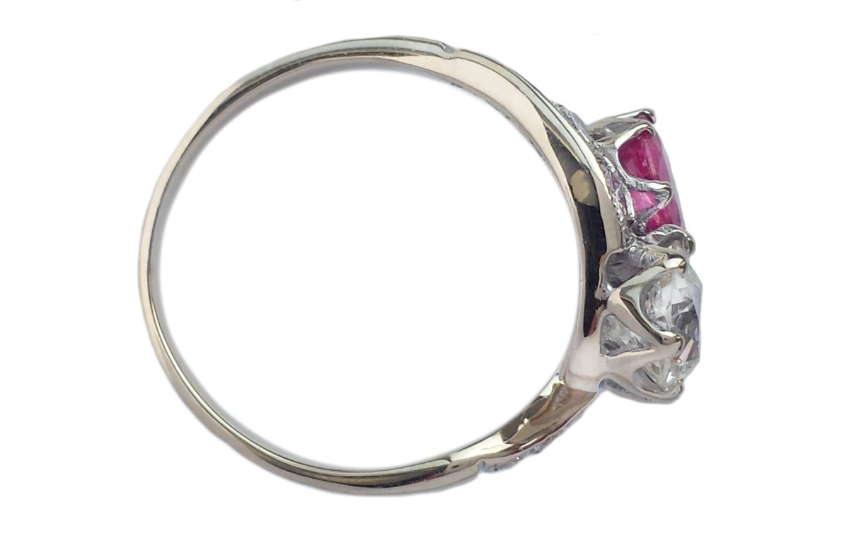 Antique Edwardian 2.10tcw Old European Cut Diamond & Ruby Toi et Moi Ring - Bloomsbury Manor Ltd