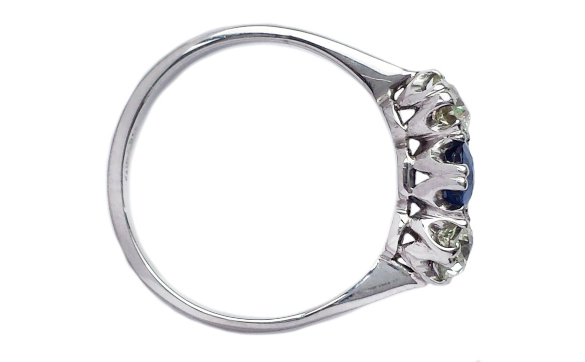 Antique Edwardian 3 - Stone 1.20tcw Natural Sapphire & Old European Cut Diamond Engagement Ring - Bloomsbury Manor Ltd