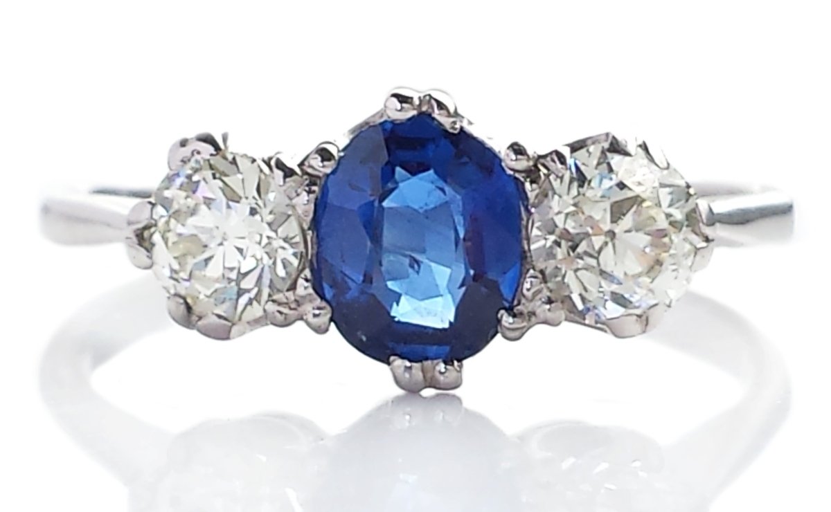 Antique Edwardian 3 - Stone 1.20tcw Natural Sapphire & Old European Cut Diamond Engagement Ring - Bloomsbury Manor Ltd