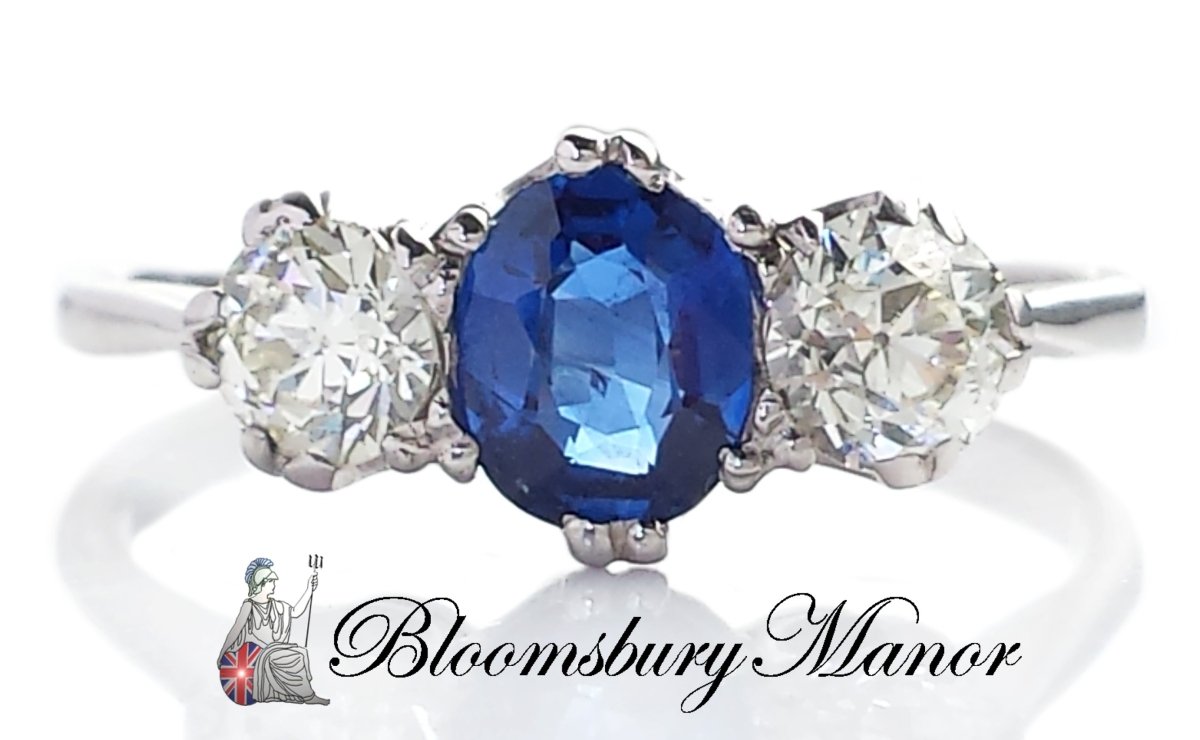 Antique Edwardian 3 - Stone 1.20tcw Natural Sapphire & Old European Cut Diamond Engagement Ring - Bloomsbury Manor Ltd