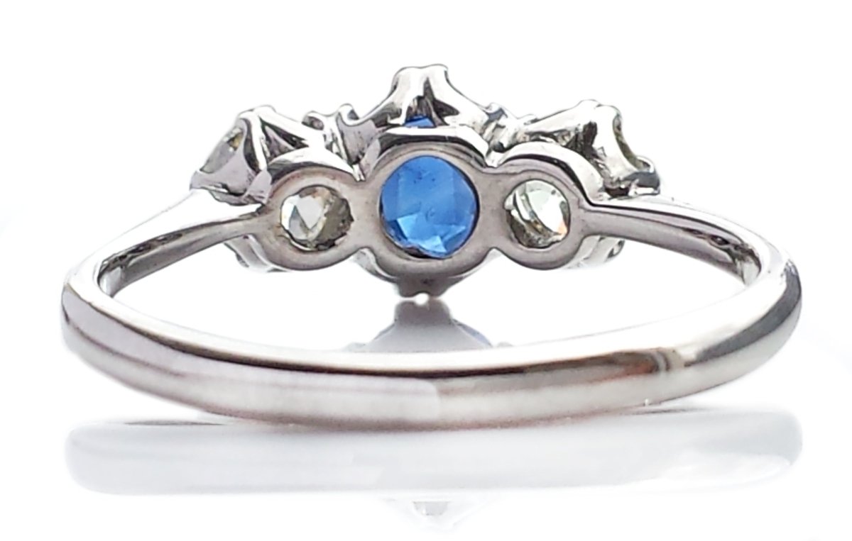 Antique Edwardian 3 - Stone 1.20tcw Natural Sapphire & Old European Cut Diamond Engagement Ring - Bloomsbury Manor Ltd