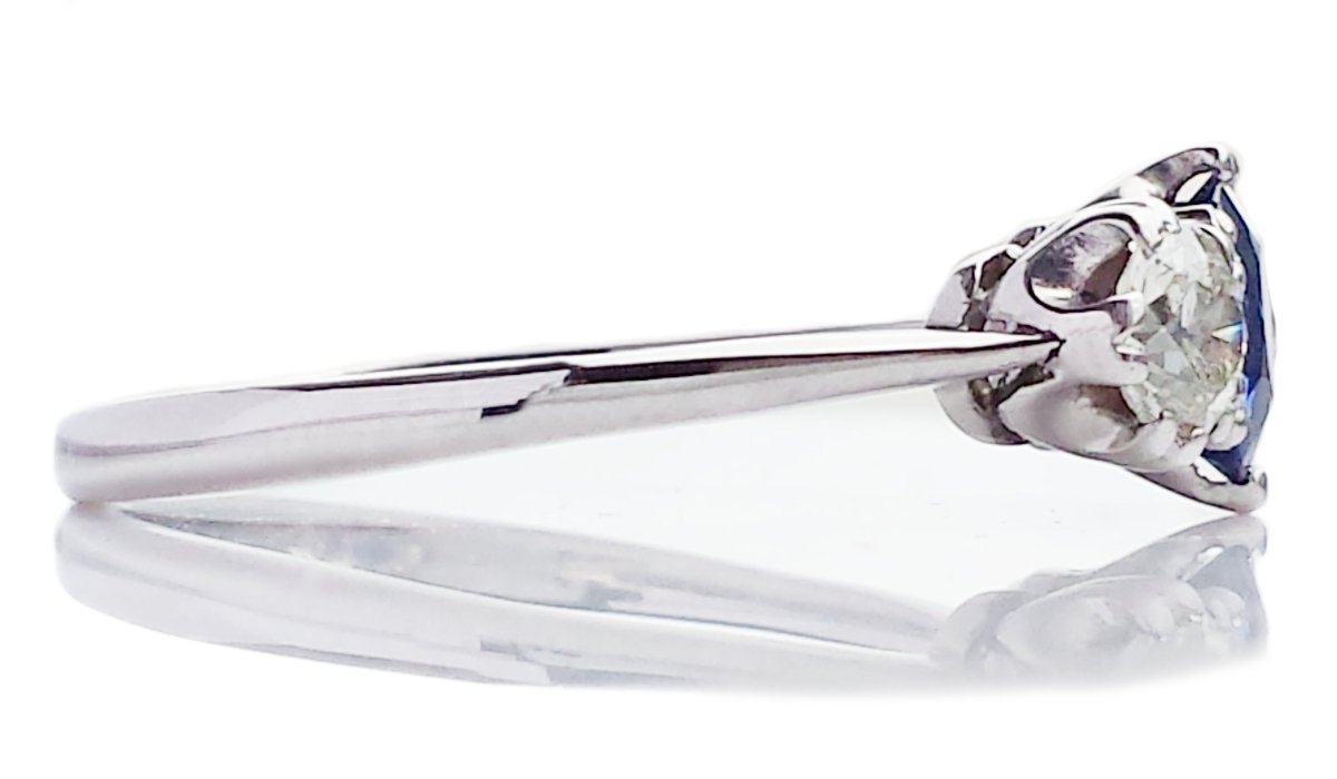 Antique Edwardian 3 - Stone 1.20tcw Natural Sapphire & Old European Cut Diamond Engagement Ring - Bloomsbury Manor Ltd