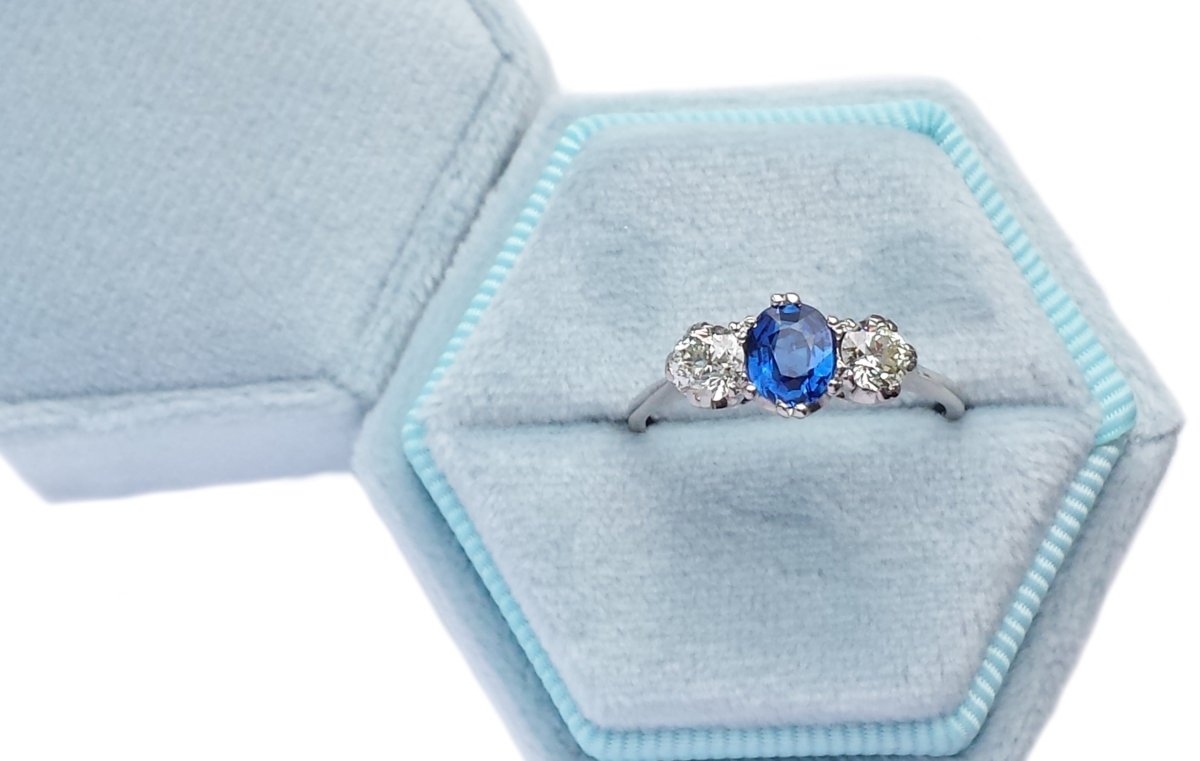Antique Edwardian 3 - Stone 1.20tcw Natural Sapphire & Old European Cut Diamond Engagement Ring - Bloomsbury Manor Ltd
