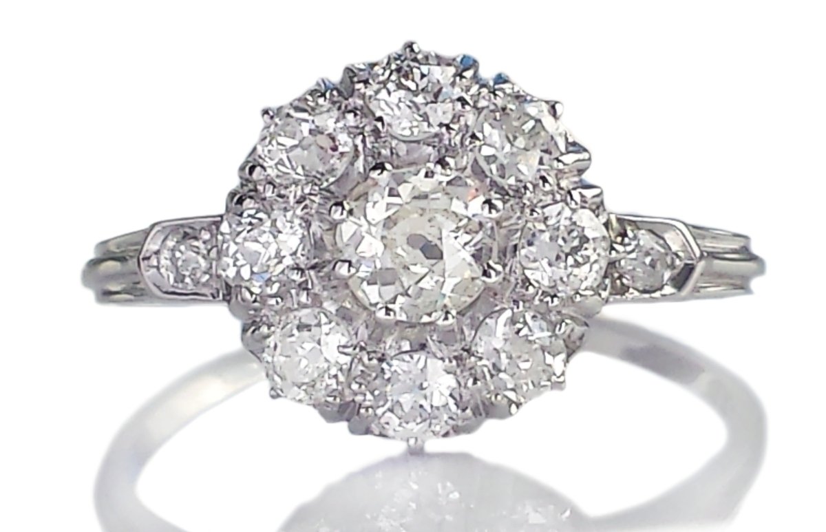 Antique French Old European Cut Diamond Flower Cluster Engagement Ring - Bloomsbury Manor Ltd