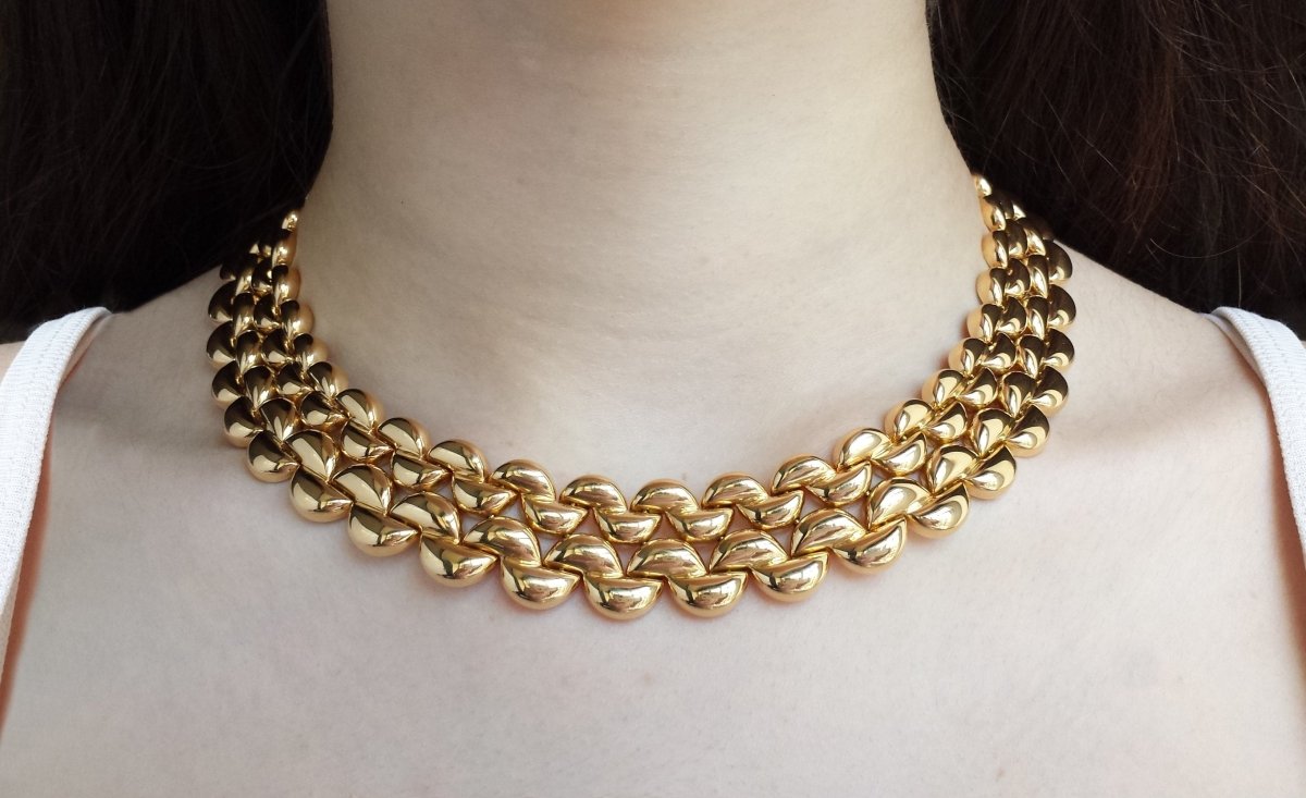 Cartier 1996 Syla Demi Lune 4 - Row 18k Gold Choker Necklace worn on model's neck - Bloomsbury Manor Ltd