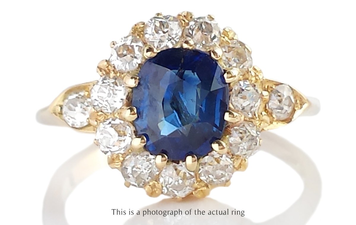 Edwardian Unheated Sapphire & Swiss Cut Diamond Cluster Ring - Bloomsbury Manor Ltd