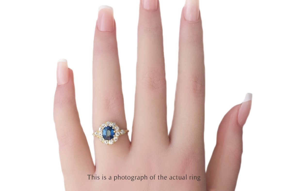 Edwardian Unheated Sapphire & Swiss Cut Diamond Cluster Ring - Bloomsbury Manor Ltd
