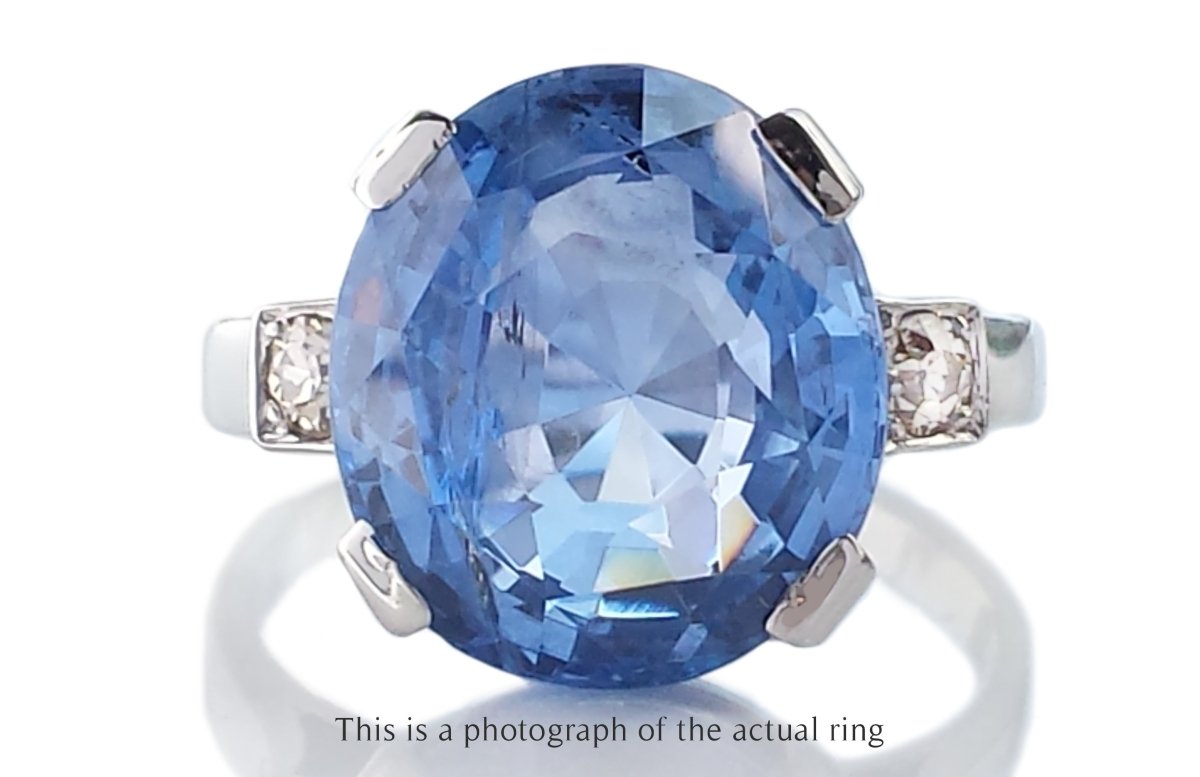 French Art Deco 9.63ct Unheated Oval Ceylon Sapphire & Old Cut Diamond Ring - Bloomsbury Manor Ltd
