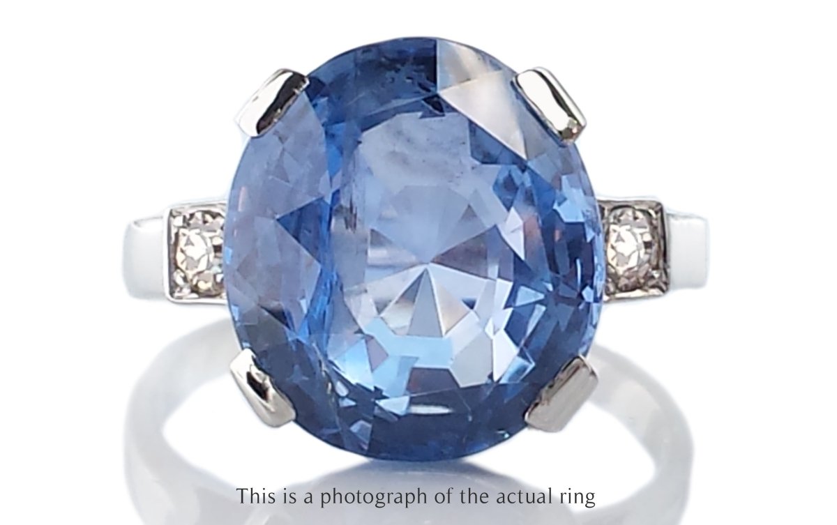 French Art Deco 9.63ct Unheated Oval Ceylon Sapphire & Old Cut Diamond Ring - Bloomsbury Manor Ltd