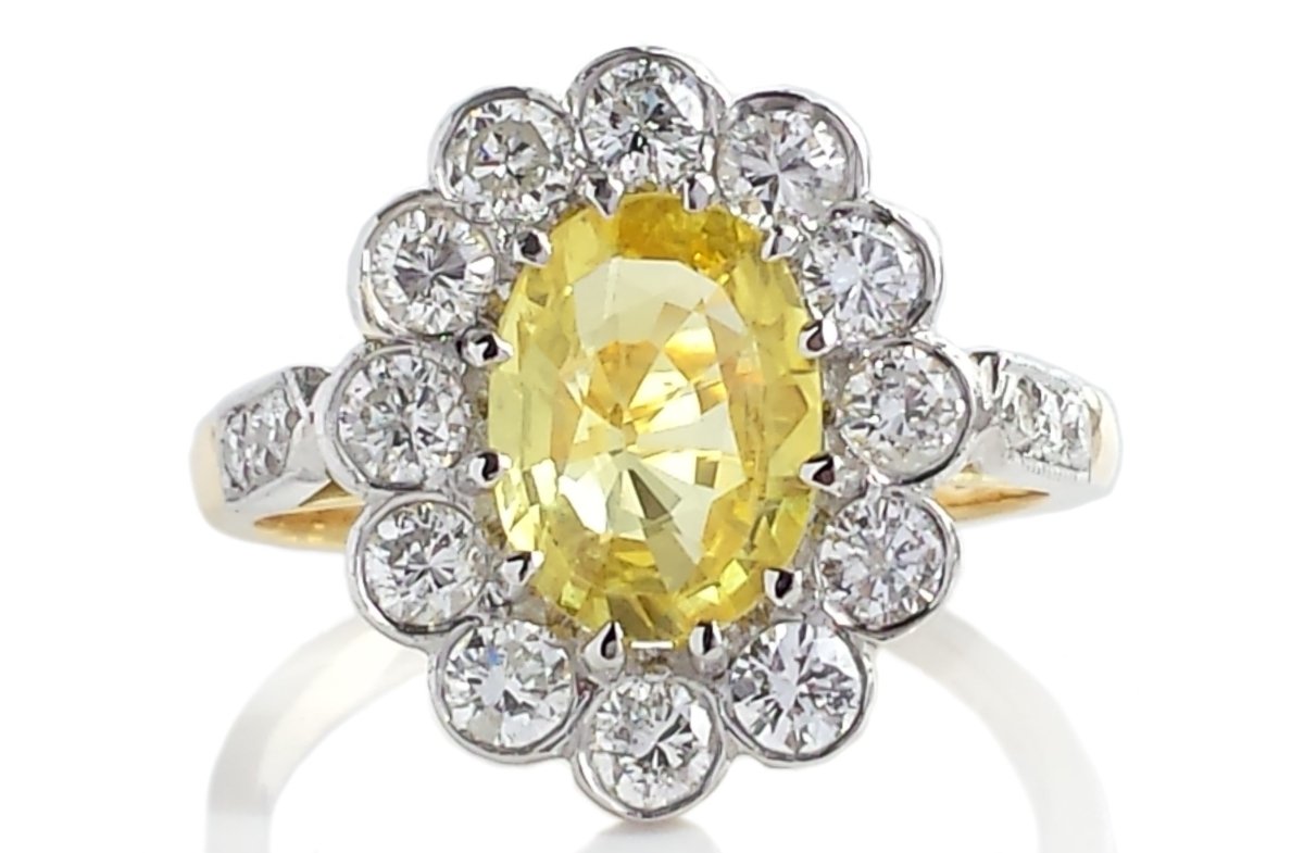 Mid - century Yellow Sapphire & Diamond Cluster Engagement Ring - Bloomsbury Manor Ltd