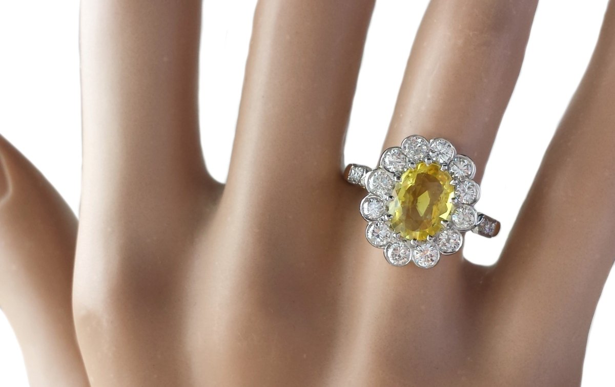 Mid - century Yellow Sapphire & Diamond Cluster Engagement Ring - Bloomsbury Manor Ltd