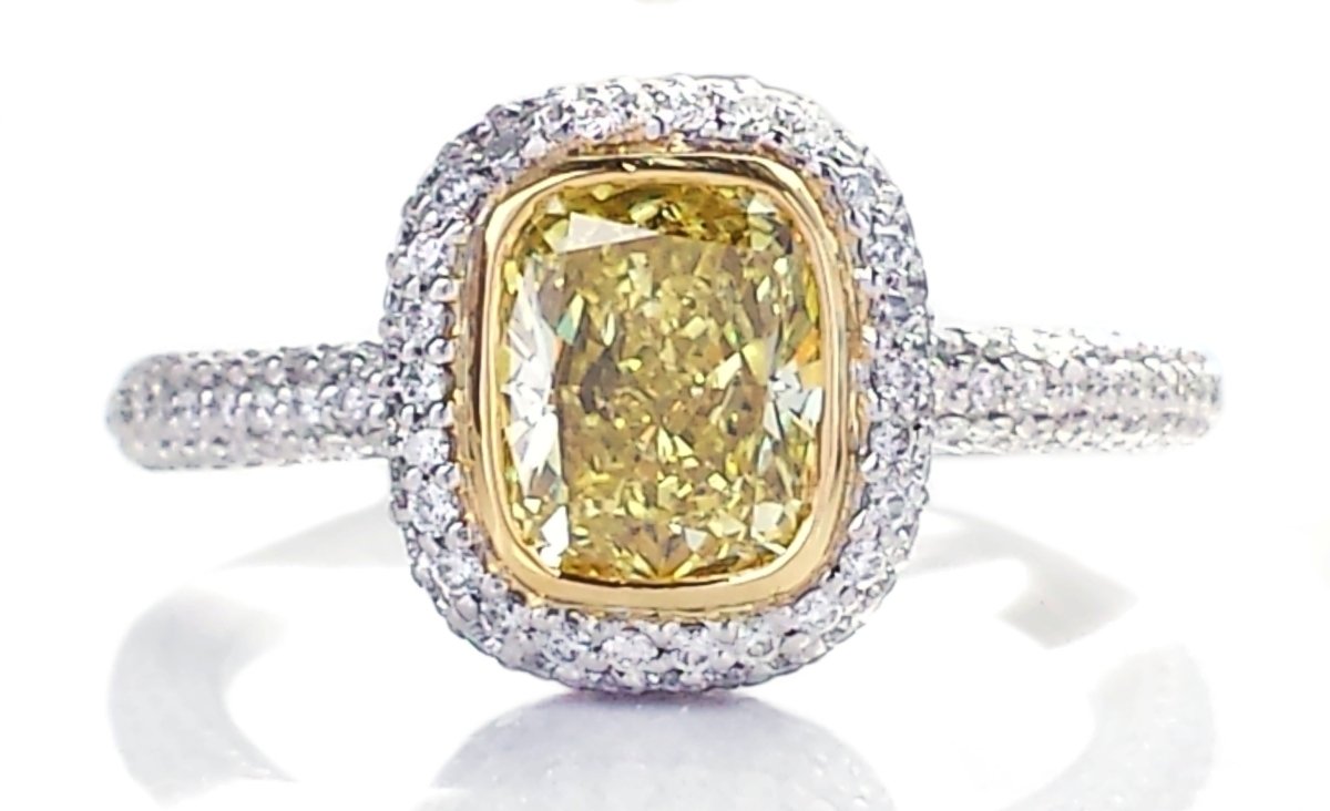 Tiffany & Co. 1.24ct FI/VS2 Fancy Intense Yellow Bezet Set Pave Cushion Cut Diamond Engagement Ring - Bloomsbury Manor Ltd