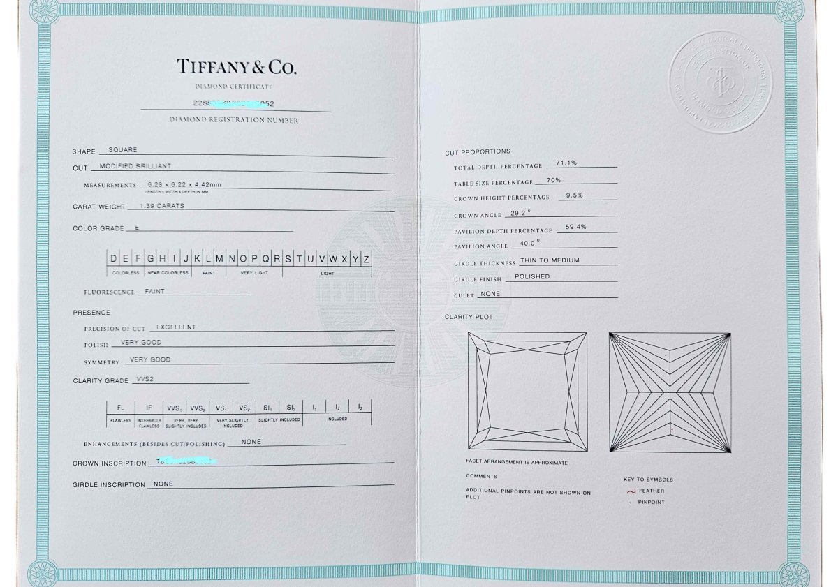 Tiffany & Co. 1.39ct E/VVS2 Princess Cut Diamond Engagement Ring Certificate - Bloomsbury Manor Ltd