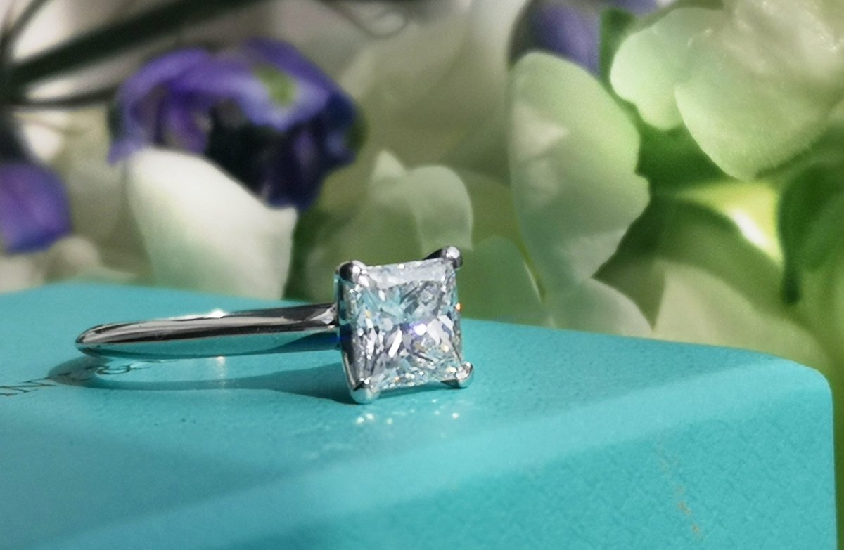 Tiffany & Co. 1.39ct E/VVS2 Princess Cut Diamond Engagement Ring on box - Bloomsbury Manor Ltd