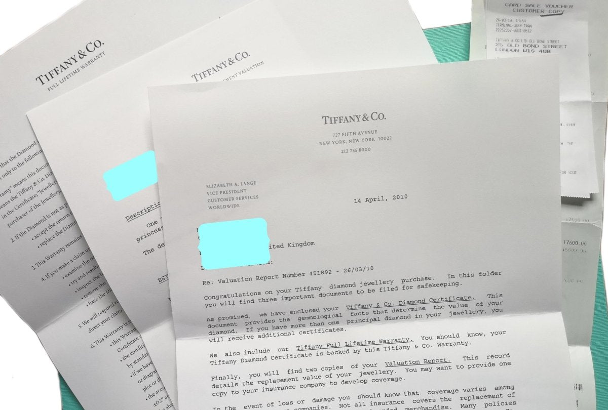 Tiffany & Co. 1.39ct E/VVS2 Princess Cut Diamond Engagement Ring owner's papers - Bloomsbury Manor Ltd