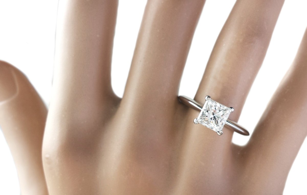Tiffany & Co. 1.39ct E/VVS2 Princess Cut Diamond Engagement Ring on finger model - Bloomsbury Manor Ltd