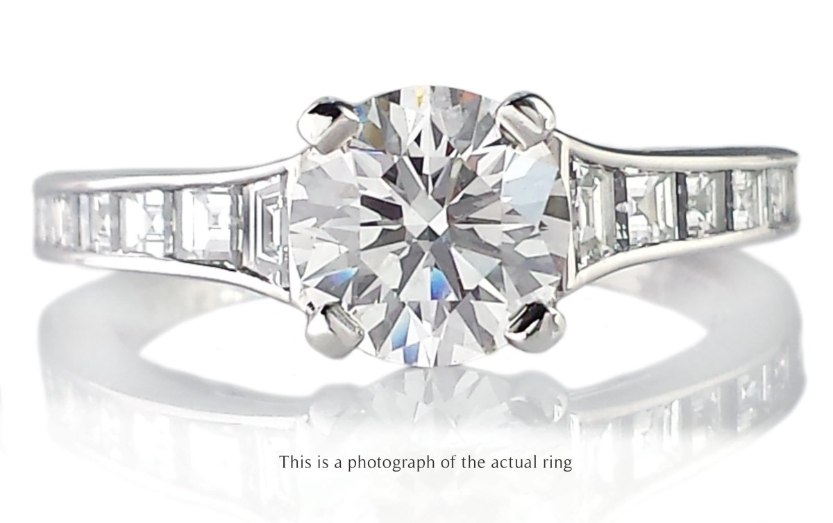 Tiffany & Co 1.63tcw F/VVS2 Round Brilliant Diamond Engagement Ring with Princess Cut Side Stones - Bloomsbury Manor Ltd
