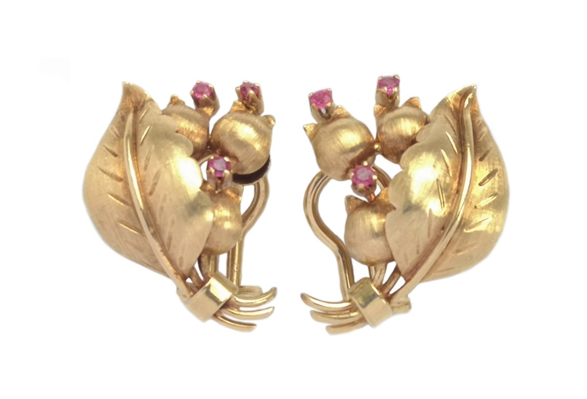 Tiffany & Co. Vintage 1960s Ruby Leaf Flower Bud Earrings - Bloomsbury Manor Ltd