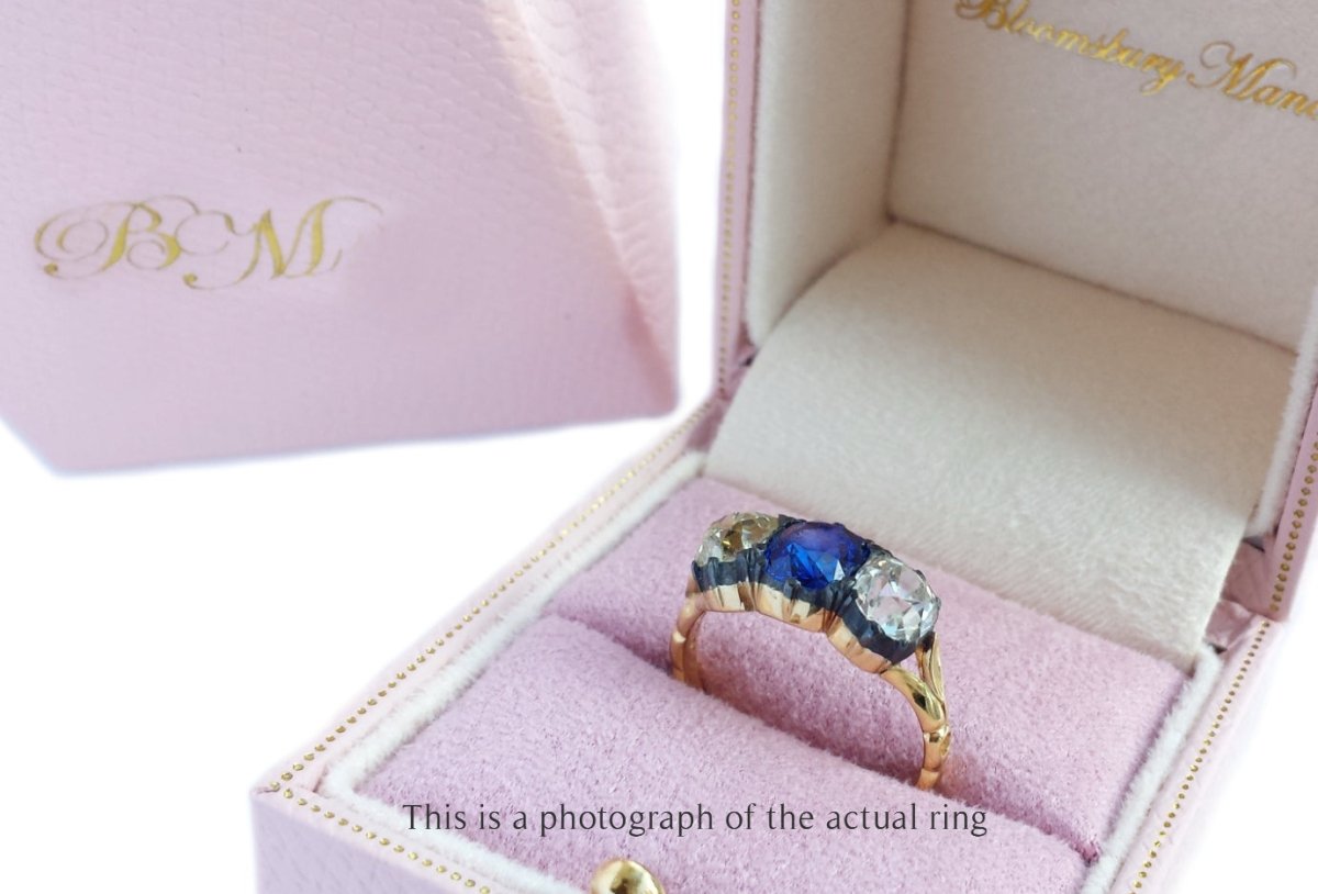 Victorian 3 Stone 4.52tcw Sapphire & Old Mine Cut Diamond Ring in box - Bloomsbury Manor Ltd