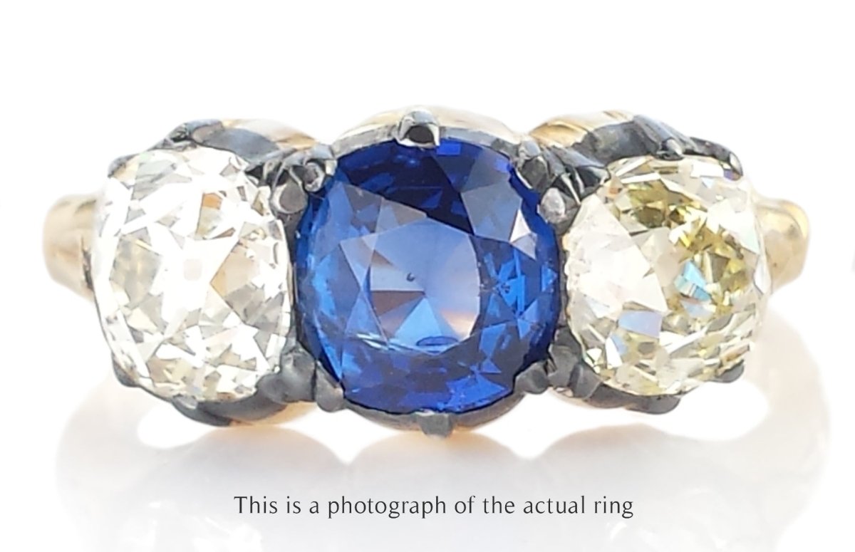 Victorian 3 Stone 4.52tcw Sapphire & Old Mine Cut Diamond Ring - Bloomsbury Manor Ltd