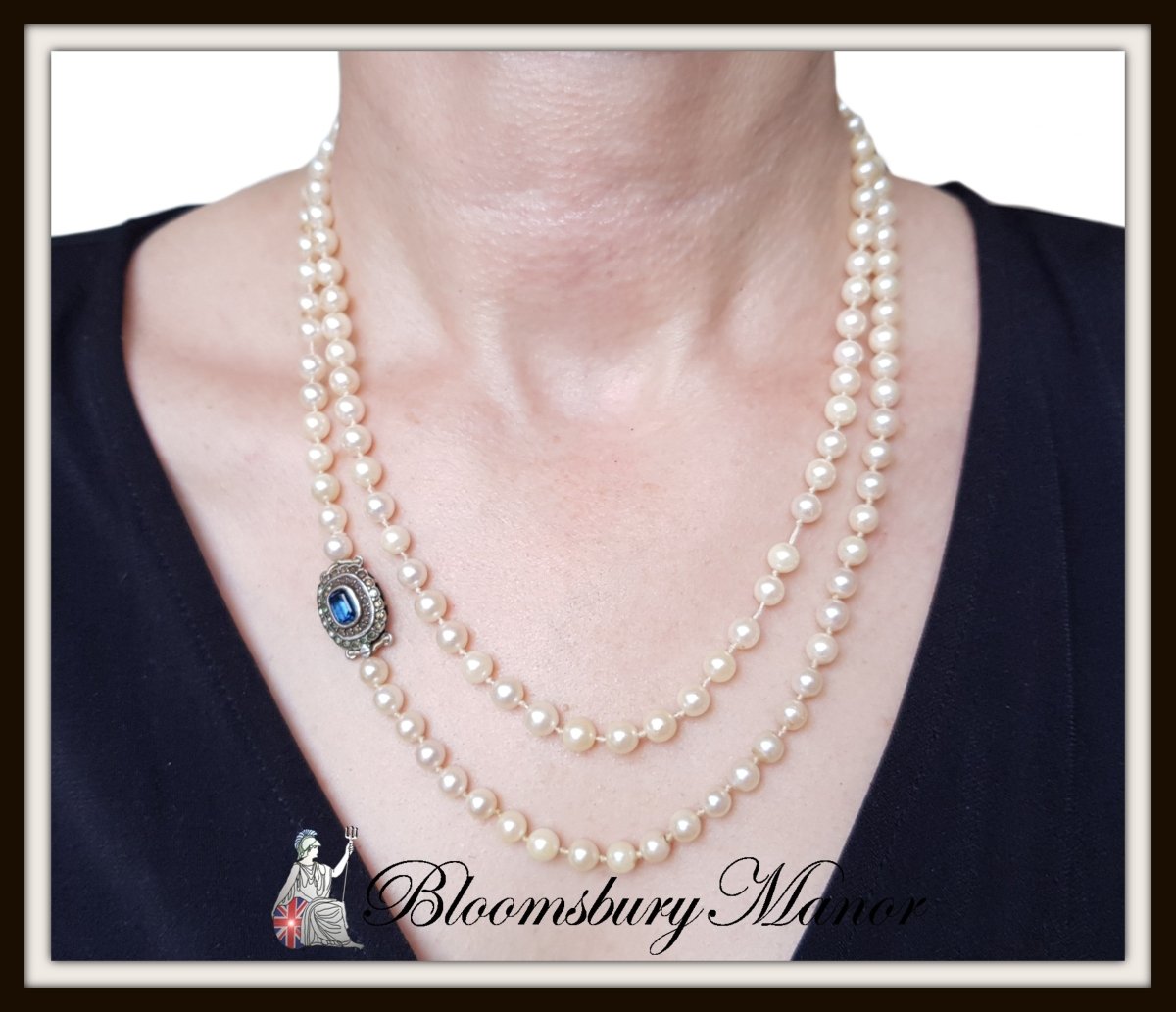 Vintage 1920s Cultured Akoya Pearl Sautoir Necklace with Paste Clasp - Bloomsbury Manor Ltd