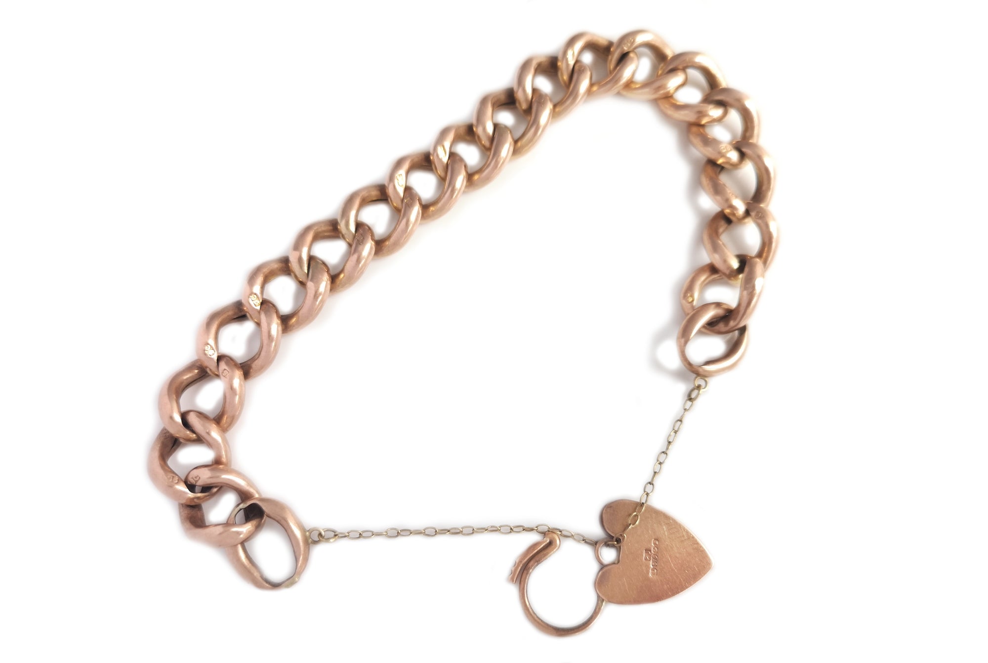 Vintage 9ct Rose Gold Hollow Curb Link Heart Padlock Bracelet 7.5 inches