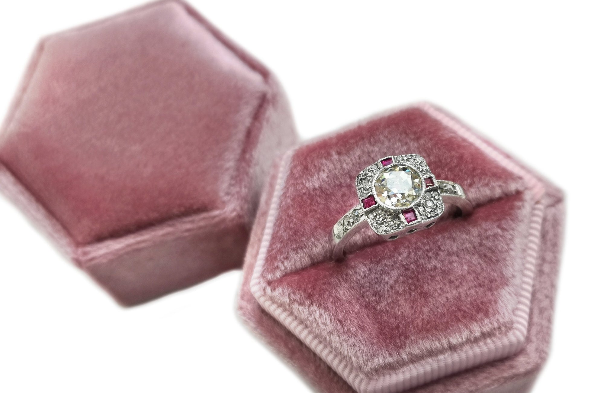 French Art Deco 0.90ct J/VS Old Cut Diamond & Ruby Target Engagement Ring