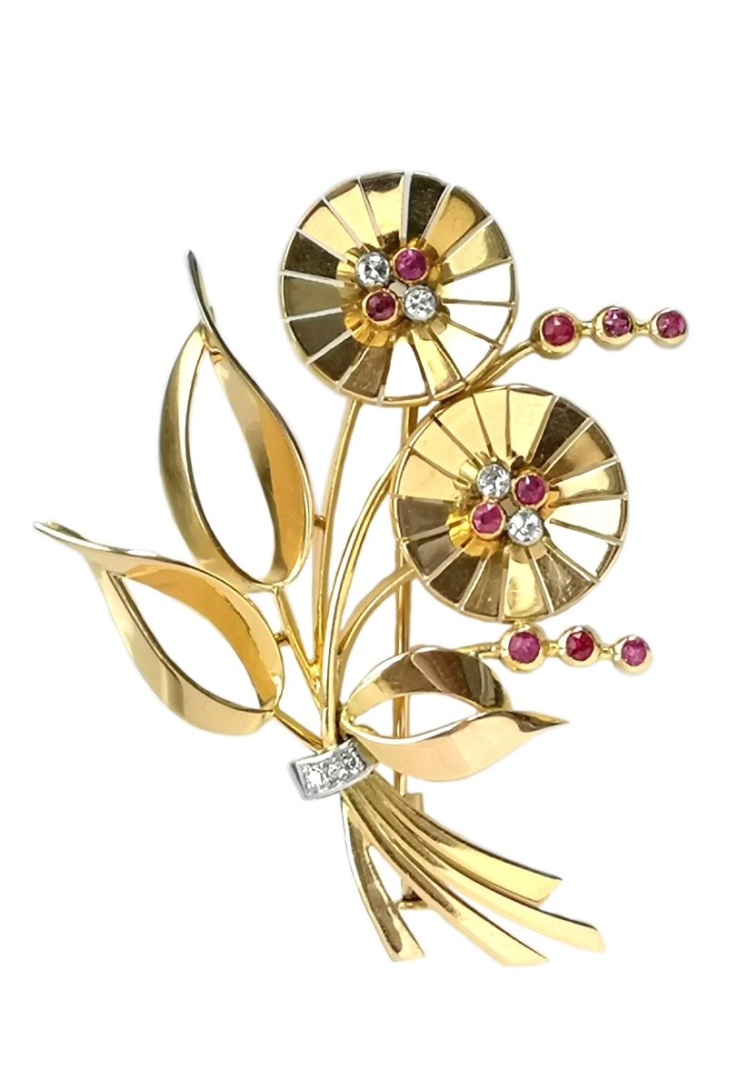 1940s Retro Diamond Synthetic Ruby 18k Yellow Gold Brooch - Bloomsbury Manor Ltd