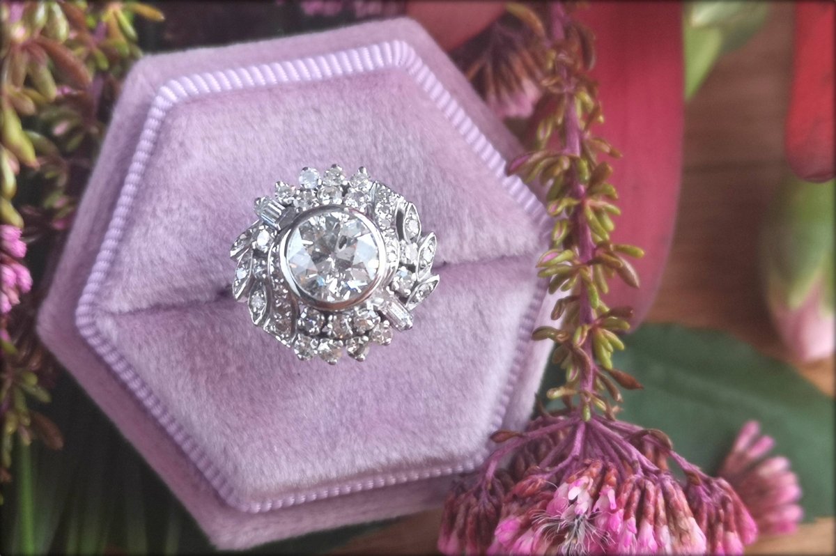 1950s French Mid - Century 2.15tcw G/SI2 Old Cut Diamond Cluster Engagement Ring - Bloomsbury Manor Ltd