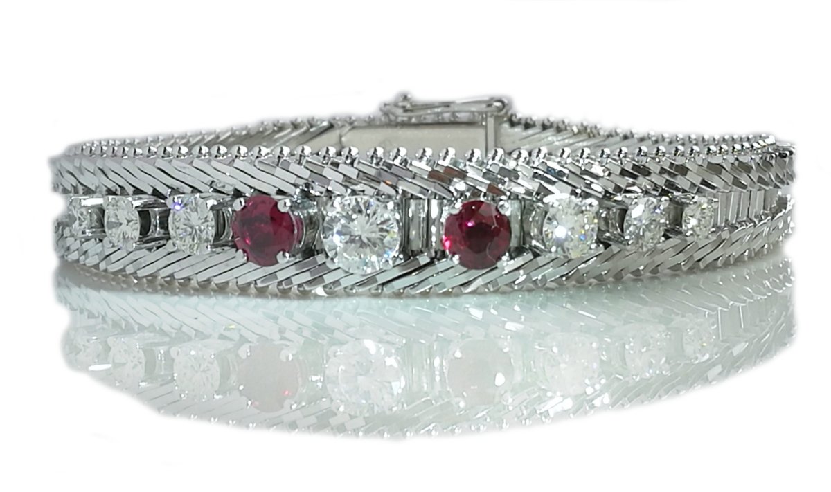 1960s Vintage 2.34tcw Diamond & Ruby Herringbone Bracelet in 14k White Gold - Bloomsbury Manor Ltd