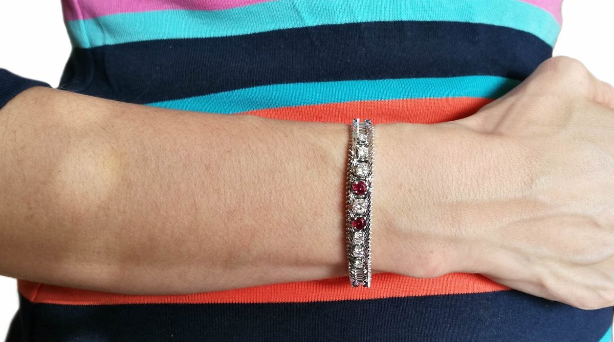 1960s Vintage 2.34tcw Diamond & Ruby Herringbone Bracelet in 14k White Gold - Bloomsbury Manor Ltd