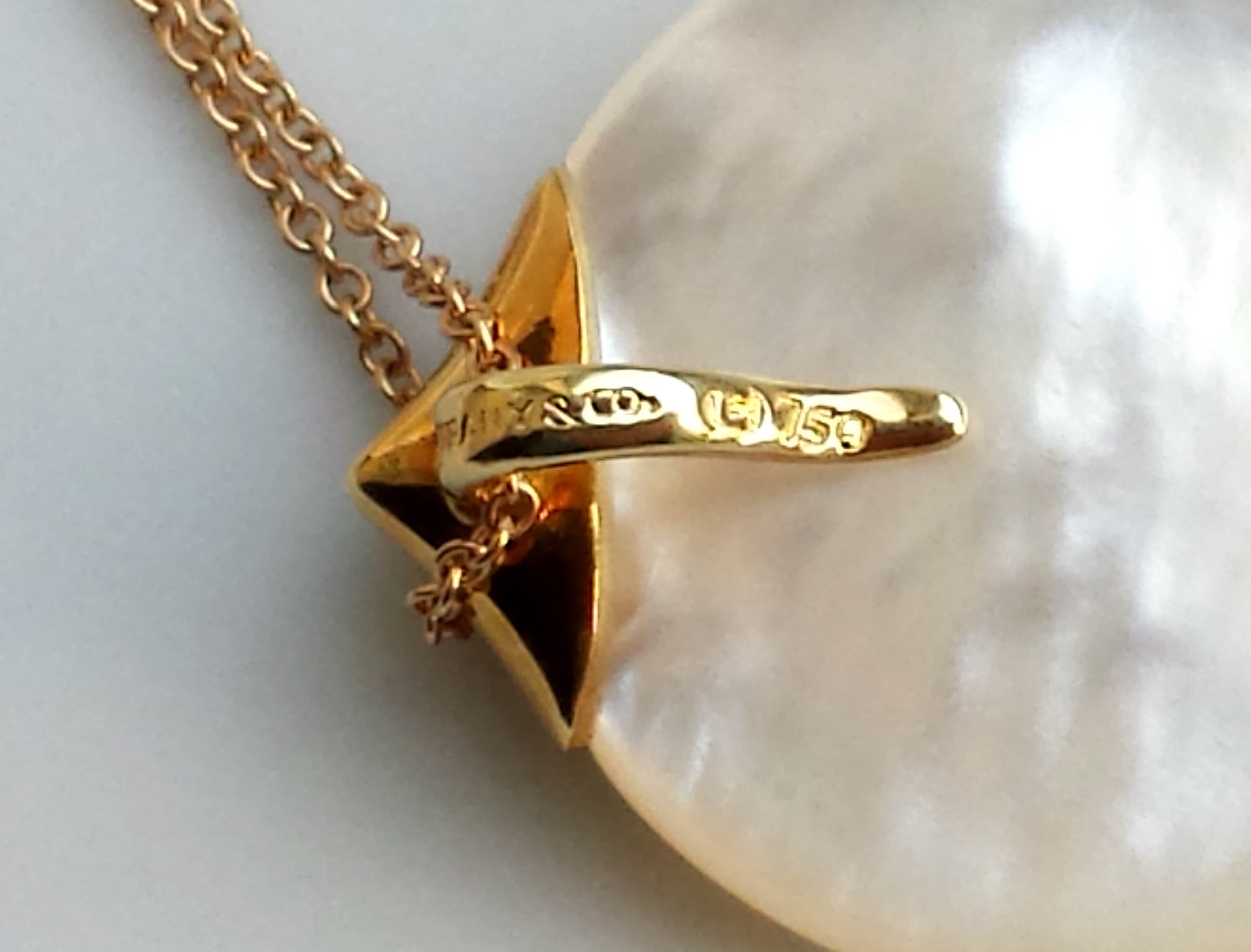 Vintage Tiffany & Co. Angela Cummings Mother of Pearl Lilly Pendant / Necklace in 18K Yellow Gold
