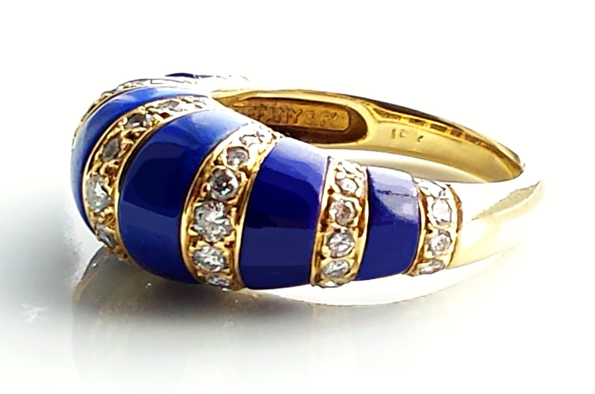 Vintage 1950s Mid Century Tiffany & Co. Lapis Lazuli & Diamond Bombe Cocktail / Dress Ring in 18K Yellow Gold