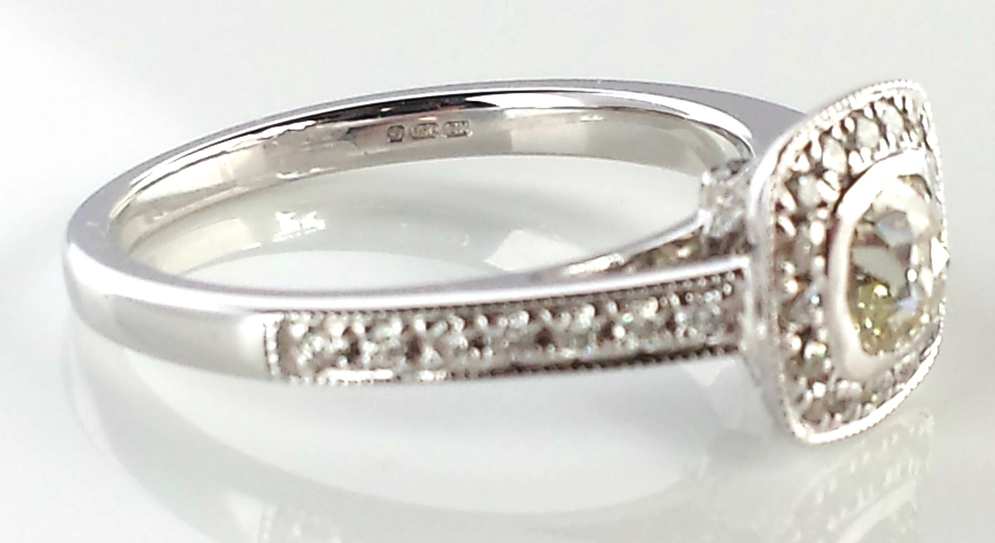 0.72ct Legacy Style Pavé Set Engagement Ring, with Old Mine Cut Diamond in 18K White Gold & GIA Cert.
