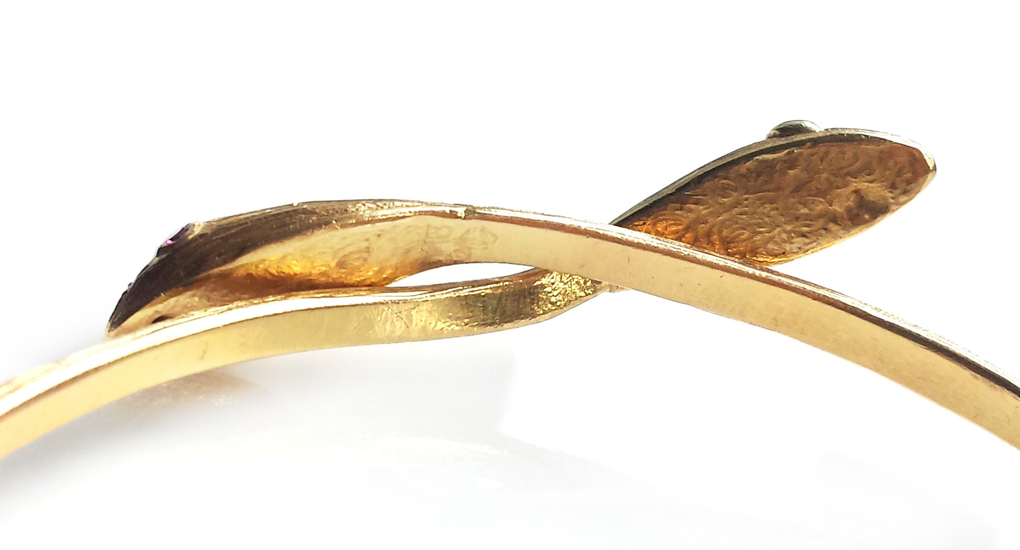 Vintage 1970s 18k Yellow Gold Serpent / Snake Bangle with Rubies & Diamonds