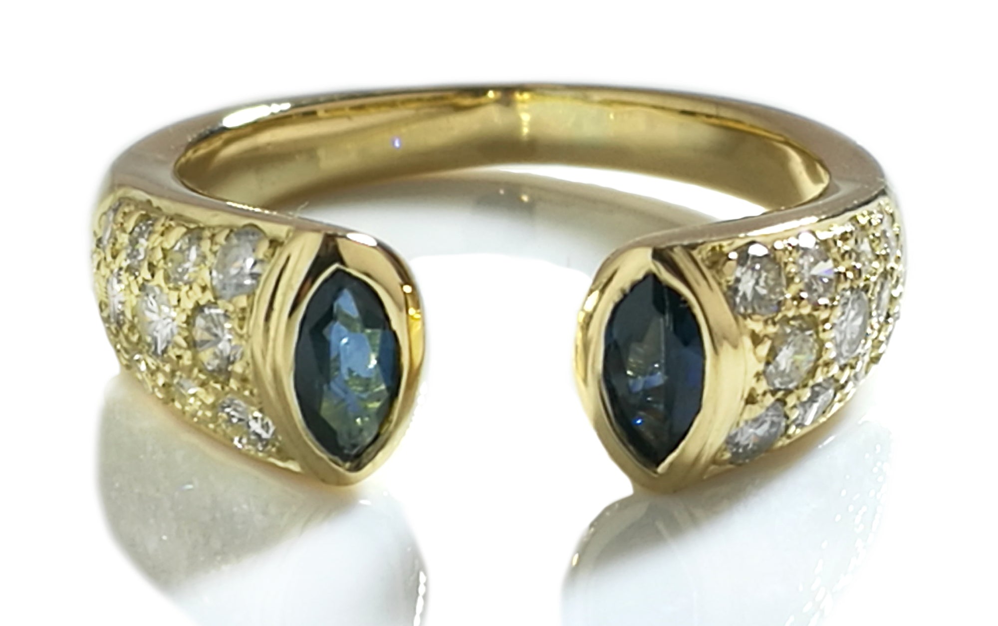 Vintage 90s French Sapphire, Diamond & 18k Yellow Gold Pave Open Front Ring, Sz M/53