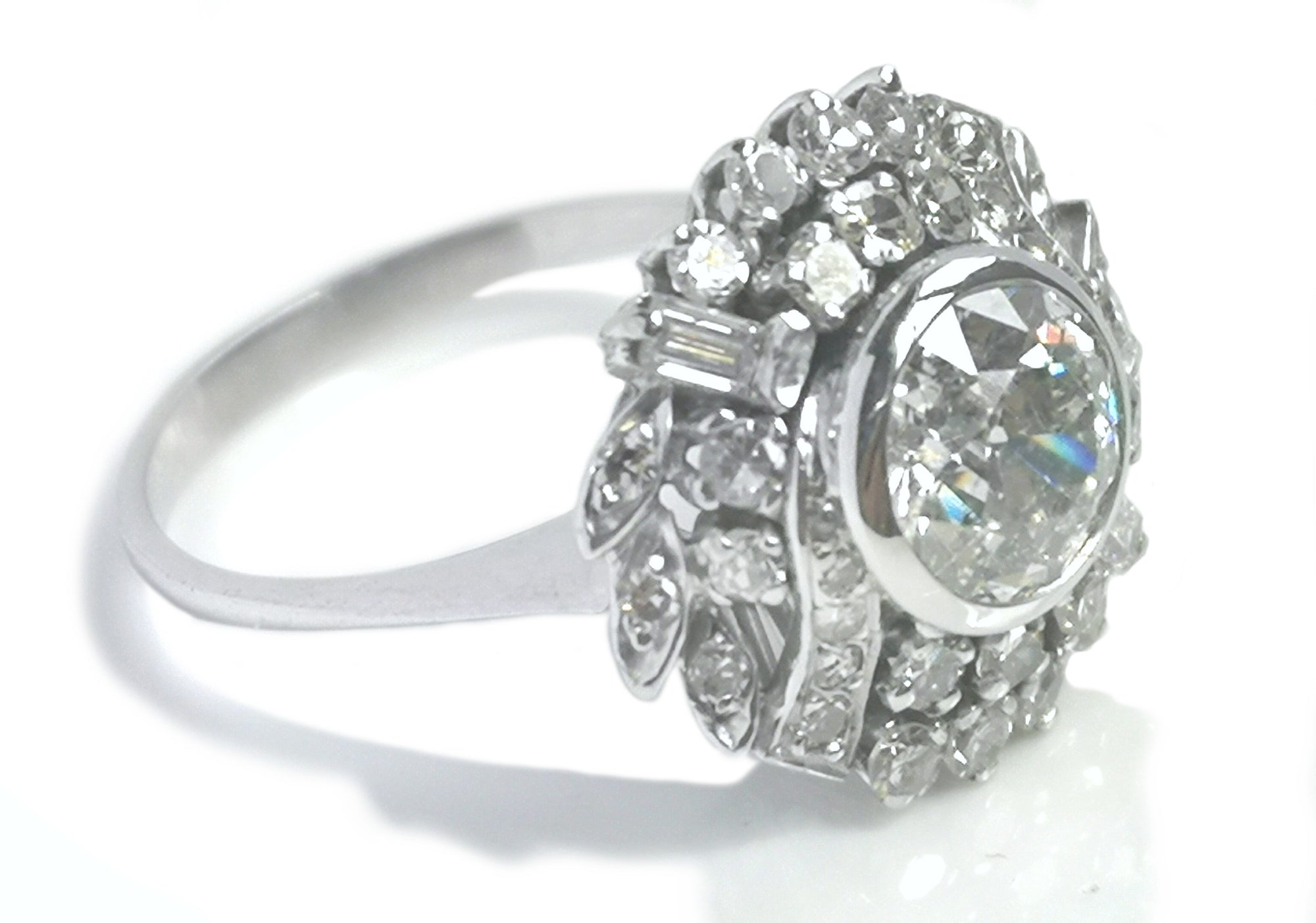 1950s French Mid-Century 2.15tcw G/SI2 Old Cut Diamond Cluster Engagement Ring