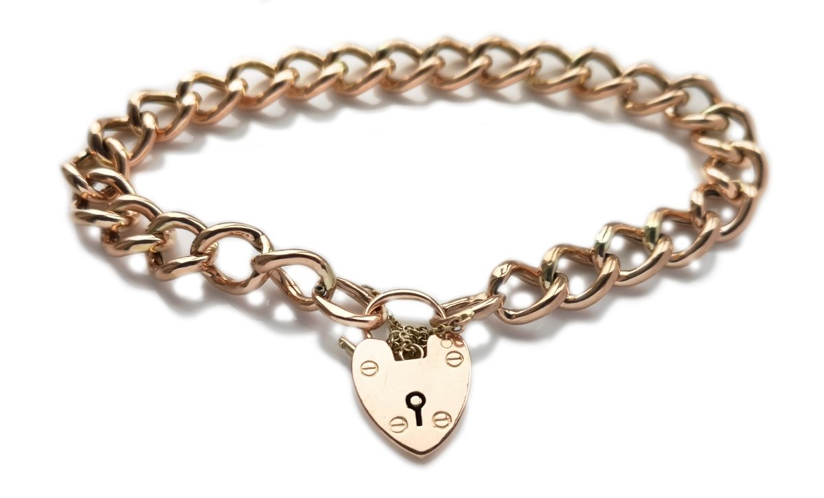 Antique 1920s 9ct Rose Gold Curb Link Heart Padlock Bracelet - Bloomsbury Manor Ltd
